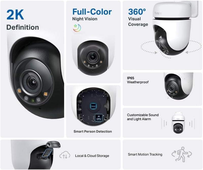 tapo 2K Outdoor Wired Pan/Tilt Security Wi-Fi Camera, 360° View, Motion Tracking, Works w/Alexa & Google Home, Color Night Vision, Free AI Detection, Cloud & SD Card Storage(up to 512GB), C510W - Image 3